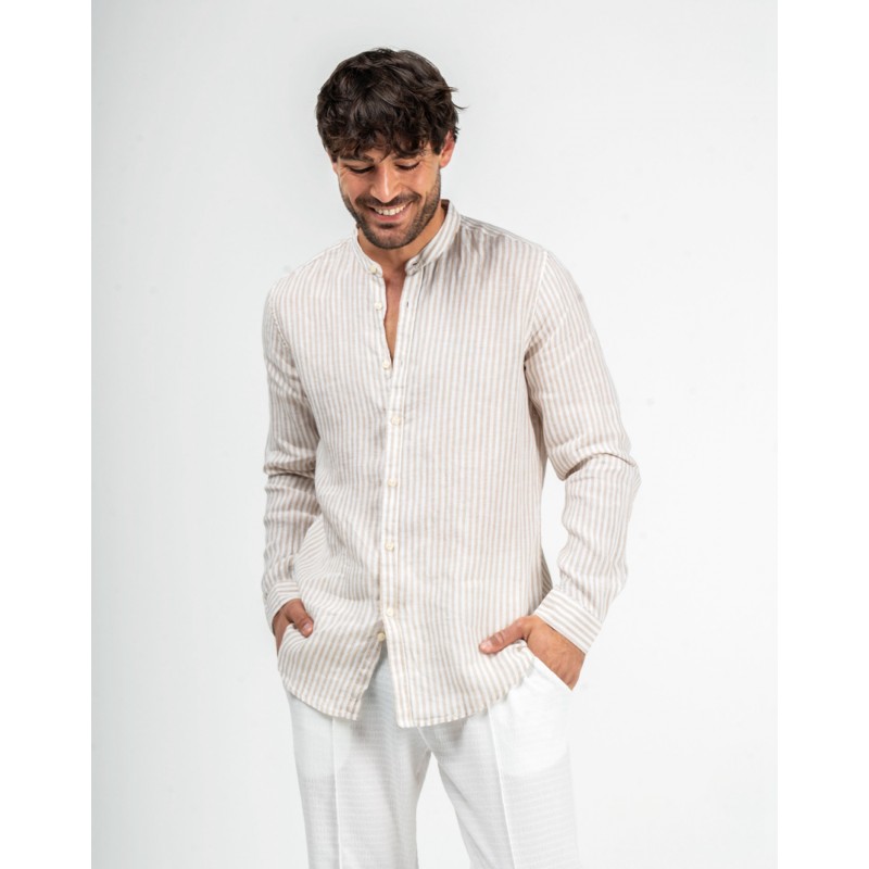 CAMISA LINO RAYAS BEIGE SS22