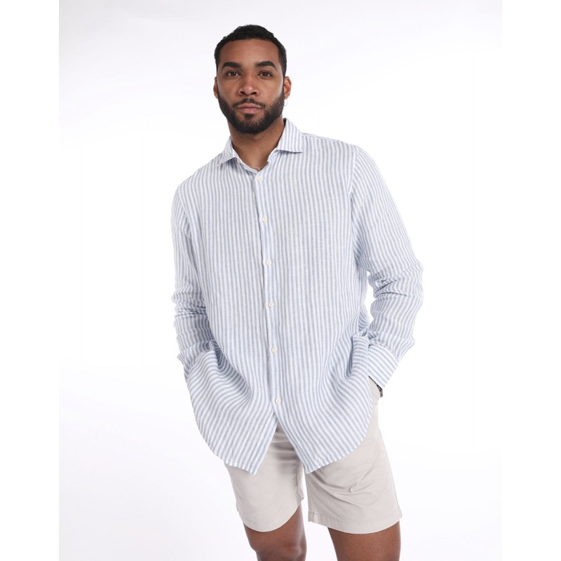 CAMISA ML GREAT TIMES LINO RAYAS AZUL CUELLO SS24